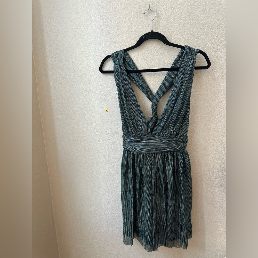 LULUS Ailey Gold and Teal Blue mini Skater Dress womens S - Picture 3 of 9